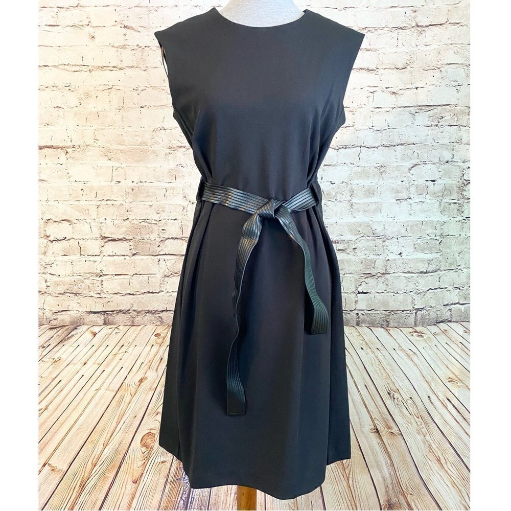 Calvin Klein Fit and Flare Black Midi Dress Leather Belt Cap Sleeves Women’s 6